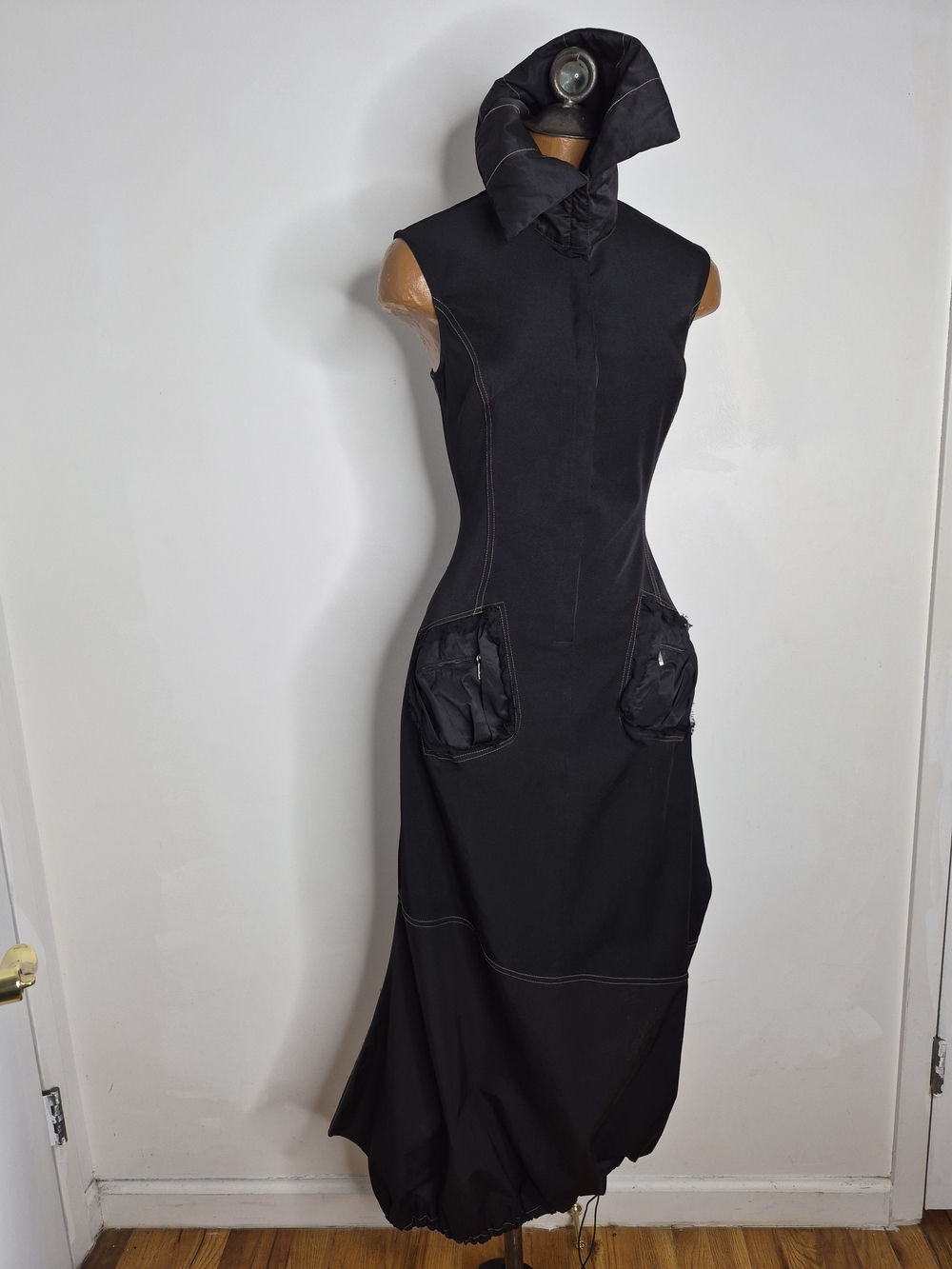 Sleeveless Black High-Collar Maxi Dress with Utility Pockets
